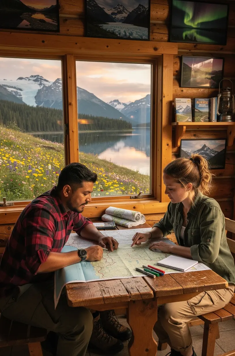 A winding scenic route through Alaska’s wilderness with lush greenery and distant mountain peaks, illustrating accessible travel paths for nature explorers.